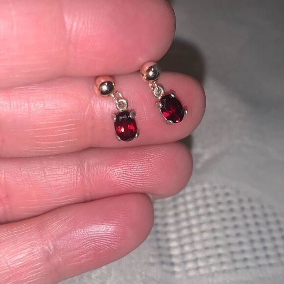 Gold 925 Garnet Dainty Drop Pierced Earrings - Picture 3 of 11